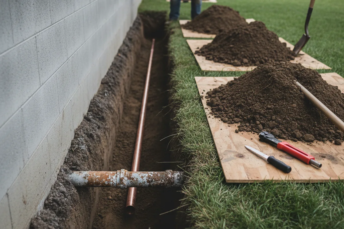 Excavated water line trench during Water Softener Installation in Randleman
